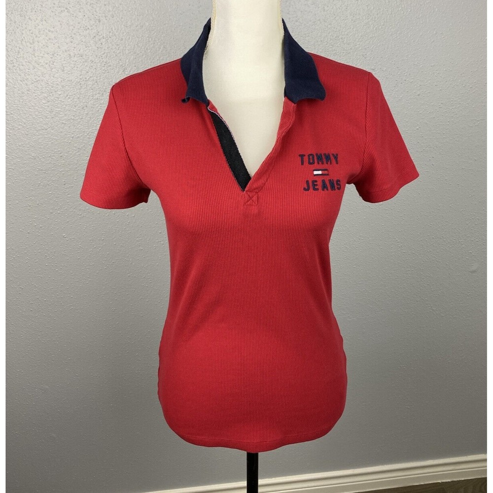 Tommy Jeans Womens Size Small Red Navy V Neck Logo Polo T-Shirt